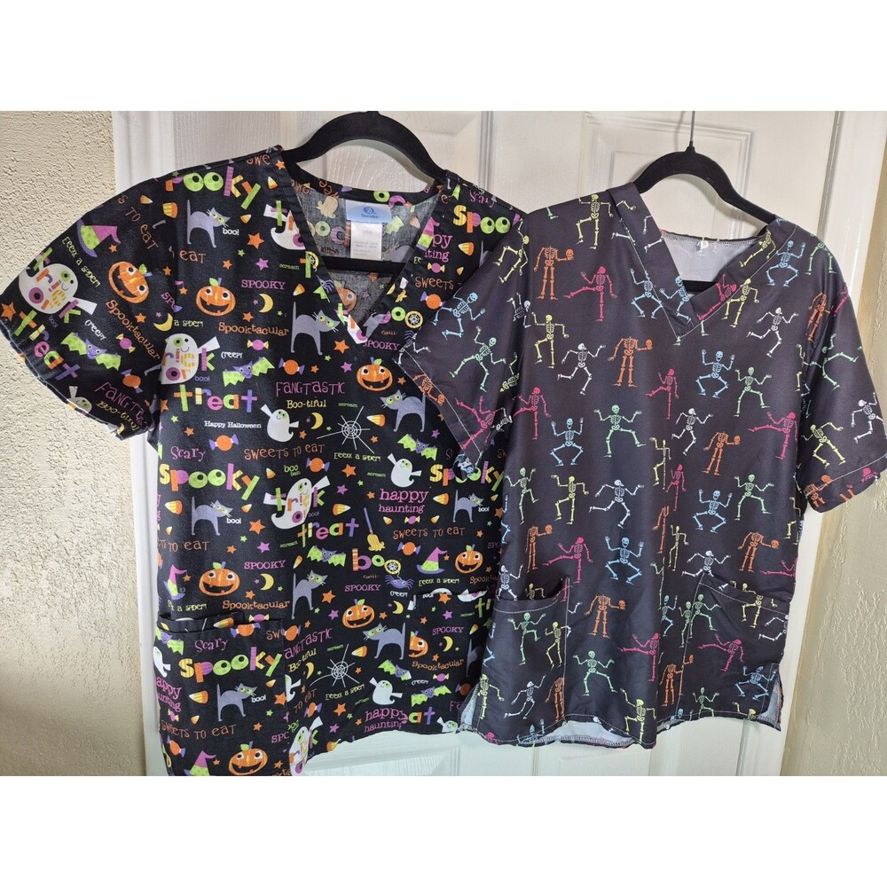 Lot of 2 Womens Halloween Scrub Tops Size Small SB Scrubs Skeleton Pumpkin Spook
